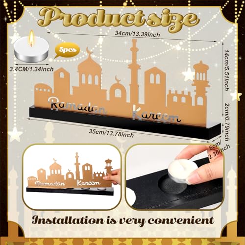 MorningRo Ramadan Kareem Decorations Islamic Candle Holder with 5 Tea Candles Eid Mubarak Metal Sign with Wood Base Ramadan Kareem Table Centerpieces Eid Al Fitr Muslim Party Gifts - style: Elegant