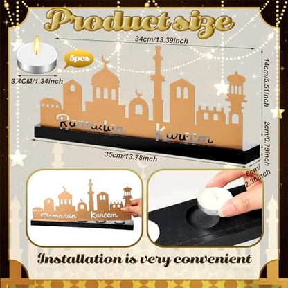 MorningRo Ramadan Kareem Decorations Islamic Candle Holder with 5 Tea Candles Eid Mubarak Metal Sign with Wood Base Ramadan Kareem Table Centerpieces Eid Al Fitr Muslim Party Gifts - style: Elegant