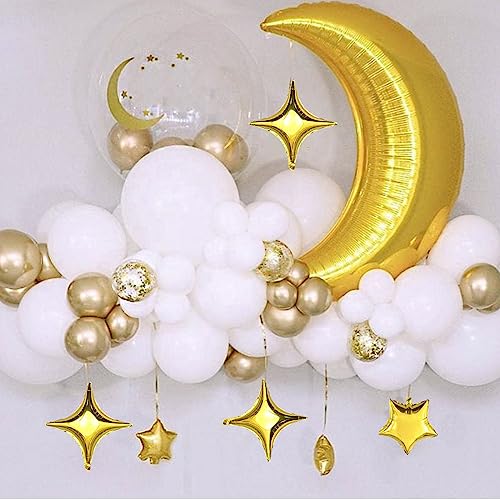 50Pcs 10 Inch Gold Star Foil Balloons Gold Star Shape Mylar Balloon Kit with 60Pcs Balloon Glue Point and 5Pcs Straws for Birthday Baby Shower Engagement Anniversary Wedding Party Decoration - style: Golden Four Point Star Balloons