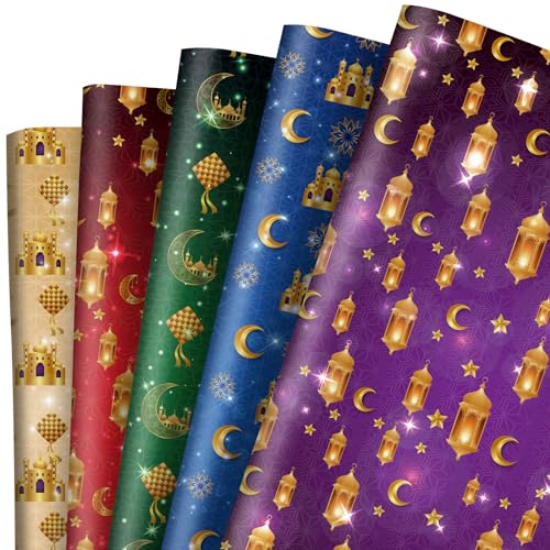 Whaline 10 Sheet Eid Mubarak Wrapping Paper Ramadan Eid Al-fitr Gift Wrap Paper Folded Flat Craft Papers for Islamic Holiday Baby Shower Birthday DIY Crafts Gift Packing, 19.7 x 27.6 Inch