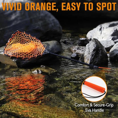 Rubber Fishing Landing Nets Telescopic Handle Nets Folding Nets with Collapsible Handle for Catch & Release Fishing Gift 17.6" dia-13.7" Depth Black/Orange - color: Orange