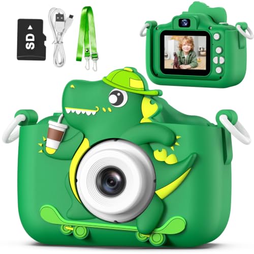 Goopow Kids Camera Toys for 3-8 Year Old Girls Boys,Children Digital Video Camcorder Camera with Cartoon Soft Cover, Best Chritmas Birthday Festival Gift for Kids - SD Card Included - color: Green-KL