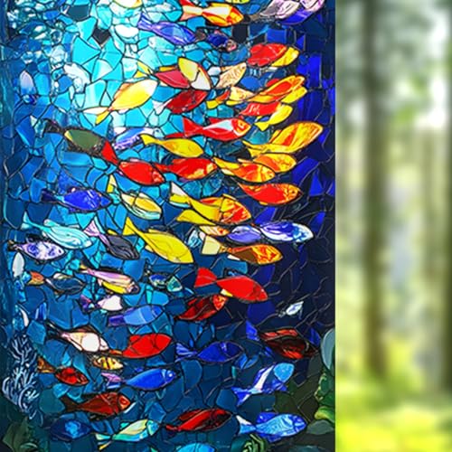 Nuxovilar Frosted Fish School Pattern Window Glass Film 17.7x39.4 in PVC | Fish School, Marine Decal colorful sea sticker, glass window cling for bathroom kitchen sliding door (Fish School)