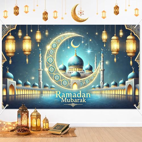 BlissYard Ramadan Mubarak Banner 71x43 Inch Eid Decorations for Home Eid Mubarak Decor Crescent Moon Ramadan Backdrop Muslim Holiday Banner Islamic Decorations Outdoor Decor - color: Eid Decorr#006