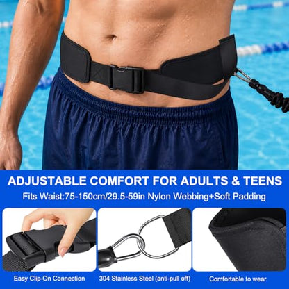 Swimming Training Belt 8-25FT Adjustable Swimming Resistance Belt, Stationary Harness for Any Pool Without Counter Current System - color: Black