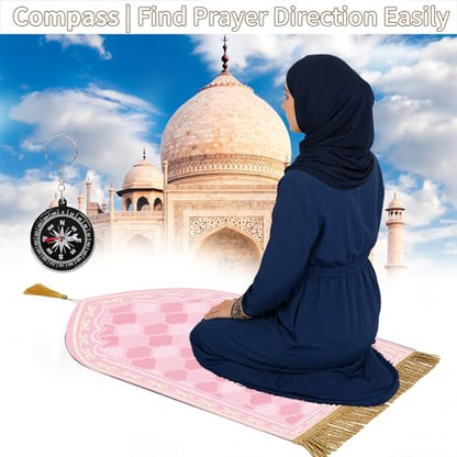 Prayer Mat Ramadan Gifts - Light Pink Prayer Rug Islamic Praying Tasbih Beads Compass, Muslim Praying Carpet for Women Eid Salah Namaz Meditation, Gifts for Eid Ramadan - color: Pink