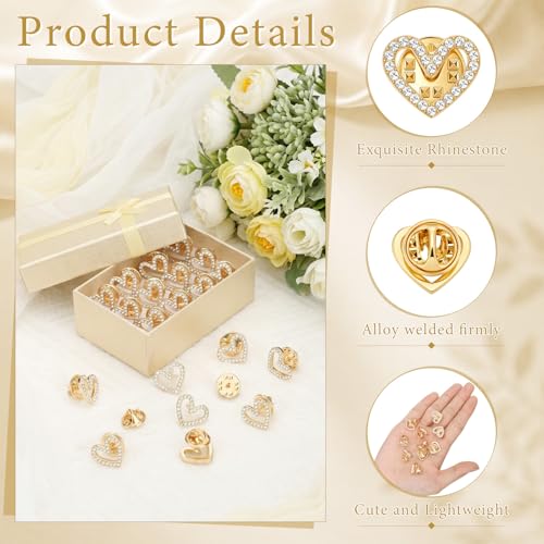Tondiamo 50 Pcs Heart Brooch Pins, 1.5cm Rhinestone Heart Lapel Pins Small Hollow Crystal Brooches for Award Alloy Scarf Ring for Dress Hat Scarf Bag Pocket Clothing Wedding Party Bulk Gifts - color: Gold