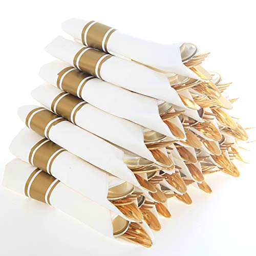 Supernal 30 Pack Pre Rolled Gold Plastic Silverware with Linen Feel Napkins, Heavy Duty Disposable Wrapped Cutlery Set for Weddings, Graduation Parties 2026, Upscale Catering & Events - color: Gold, size: 30 Pack