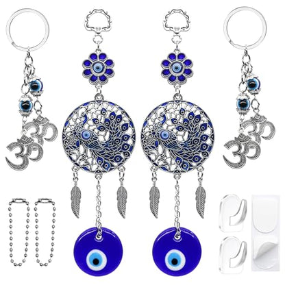 Evil Eye Car Charm Key Chain Car Hanging Accessories 4 Pack - Turkish Evil Eye Wall Decor Nazar Amulet Boncugu Peacock Hindu OM Diwali Decor Home Window Door Entryway Shrine Spiritual Ornaments