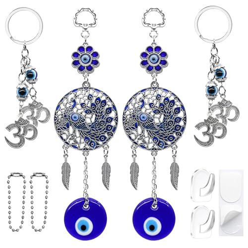 Evil Eye Car Charm Key Chain Car Hanging Accessories 4 Pack - Turkish Evil Eye Wall Decor Nazar Amulet Boncugu Peacock Hindu OM Diwali Decor Home Window Door Entryway Shrine Spiritual Ornaments