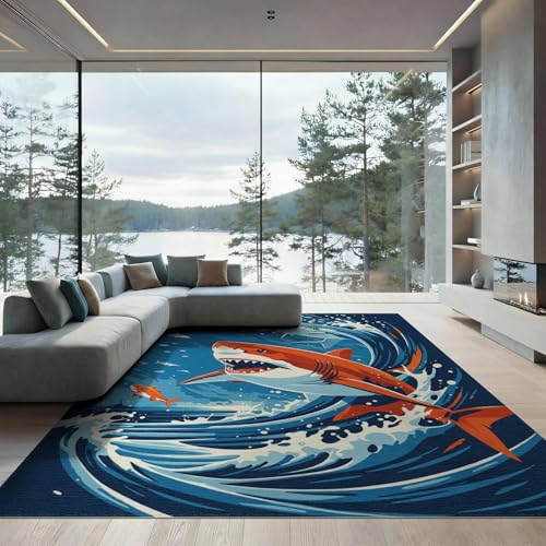 8'x10' Washable Modern Wave Large Rug, Navy Blue Non-Shedding Pet Friendly Carpet for King Size Bedroom, Master Suite, Under Bed, Foldable Easy Care Mat | Ref:2070038 - color: Blue/Pattern 15, size: 8' x 10' (Rectangular)