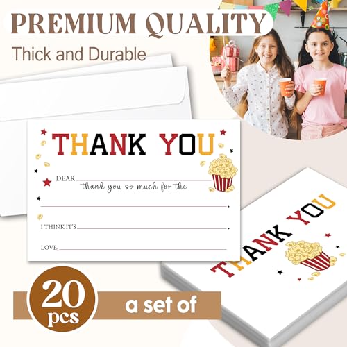 Kids Thank You Cards with Envelopes, Movie Night Theme Fill in the Blank Thank You Notes for Kids, Toddler Stationery Set, Ideal for Birthday Party, Graduation & School Gag Gifts - B10 - color: Movie Night Style