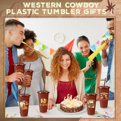 Chuangdi 12 Pcs Western Cowboy Plastic Tumbler, 24 oz Reusable Western Theme Party Plastic Tumbler with Lids and Straw for Rodeo Theme Party Christmas Gifts Birthday Supplies Decorations - style: Cowboy