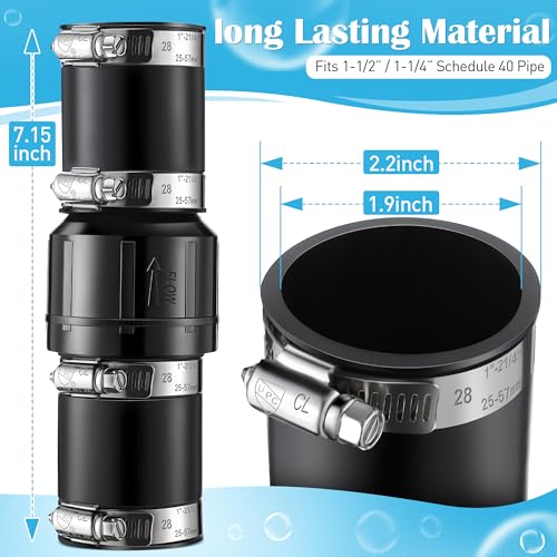 Threlaco 1 Pack Sump Pump Check Valve Fit 1-1/2 inch and 1-1/4 inch Pipe, Check Valve with 4 Pcs Stainless Steel Hose Clamps for Sump Pump Life Expectancy Increase