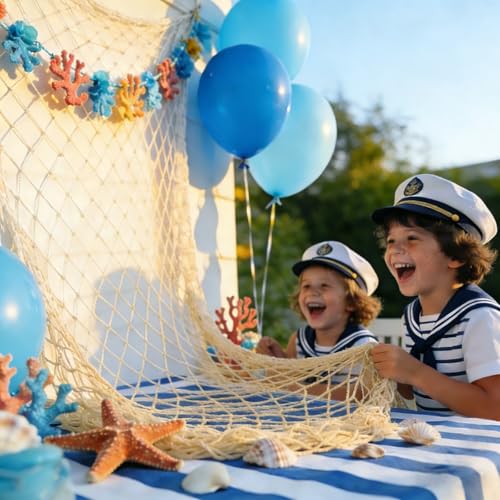 Natural Cotton Fish Net Decorations, 4x6.6 Ft Nautical Party Decor for Hawaiian Pirate Ocean Beach Theme, Halloween Christmas Wall Backdrop Decoration