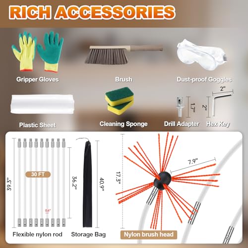 Bluesea 30 Feet Chimney Sweep Kit, Ergonomic Chimney Cleaning Kit, Extends Up to 30 Feet, Chimney Cleaner, Chimney Cleaning Tools, Chimney Cleaning System with Strong Brush, 9 Flexible Chimney Rods - size: 30 Feet