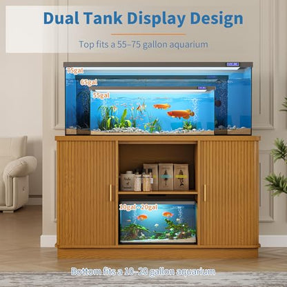 DHH 55-75 Gallon Fish Tank Stand with Power Outlet, Mid Century Modern Aquarium Stand with Adjustable Shelves and Sliding Door,Heavy Duty Reptile Tank Stand for Turtle Terrarium, 1000LB (Yellow Oak)