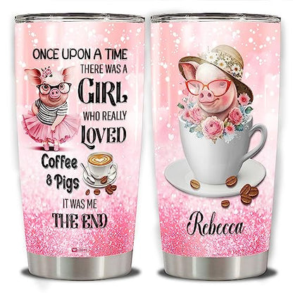 WAZONE Personalized Pig Tumbler Cup With Lid There Was A Girl Who Really Loved Coffee And Pigs Funny Farm Animal Travel Mug Cute Things Customized Gifts For Girls Insulated Vacuum 20oz 30oz - color: Pig