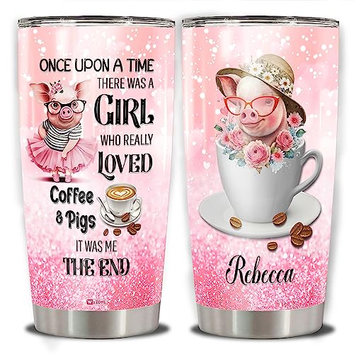 WAZONE Personalized Pig Tumbler Cup With Lid There Was A Girl Who Really Loved Coffee And Pigs Funny Farm Animal Travel Mug Cute Things Customized Gifts For Girls Insulated Vacuum 20oz 30oz - color: Pig