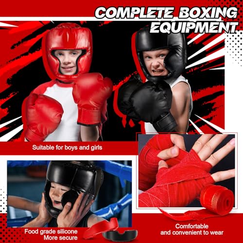 Kanayu 12 Pcs Kids Boxing Equipment Set for Beginners Ages 6-18 Years Including Boxing Helmet and Gloves Hand Wraps Sport Mouthguards Taekwondo Sparring Gear for Kids and Children - color: Black, Red
