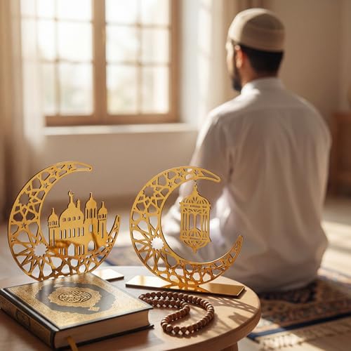 2 Pieces Ramadan Decorations for Home Islamic Eid Mubarak Kareem Table Sign Crescent Moon Hollow Star Ornament for Muslim Party Ramadan Table Decor Art Craft Decoration Golden Moon