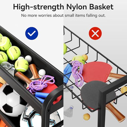 Sports Equipment Organizer, Large Capacity Garage Ball Storage Rack with Wheels, Heavy-Duty Rolling Ball Cart for Basketball, Soccer & Sports Gear