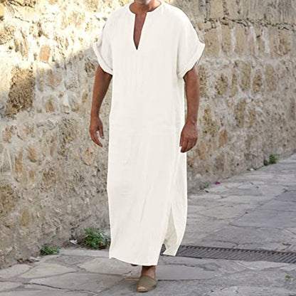 Mens Muslin Robe Full Length Long Sleeve Tops V Neck Kaftan Lightweight Pullover Thobe Comfy Nightshirts - color: A01 White, size: Small