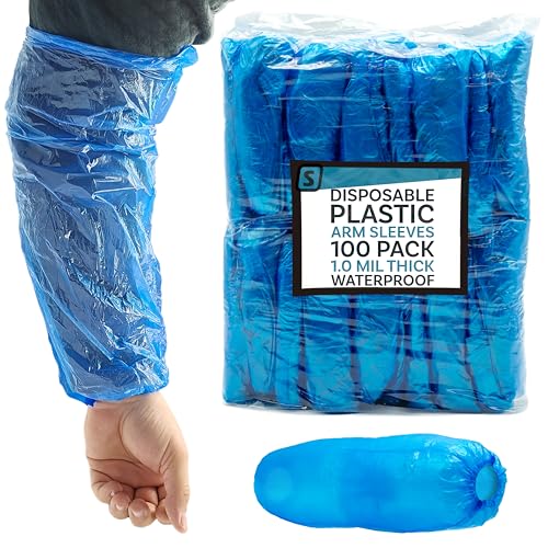 Disposable Arm Sleeve Covers - 18” Waterproof Polyethylene Protective Oversleeves with Elastic Cuff - 1 Mil Thick - color: Blue
