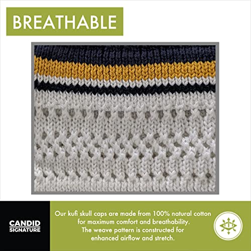Breathable Cotton Stretchy Kufi for Men in Cool Designs - Helmet Liner - color: Navy Blue and White With Gold Stripes