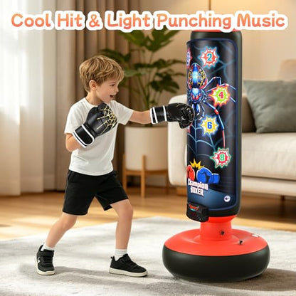 Electronic Boxing Bag Set, Interactive Punching Toy with Gloves, LED Lights, Music & 4 Game Modes, Auto Scoring Boxing Kit for Boys Girls Ages 3-12, Thick PVC Freestanding Punching Bag