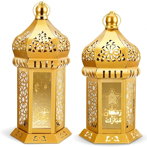 Honoson Eid Ramadan Lantern Large Temple Moroccan Lantern Lamp Ramadan Decorations for Home Hanging Outdoor Patio or Indoor Home Decor with LED String Lights(Gold,Themed) - size: Themed