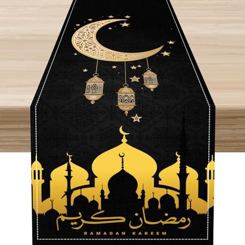 Black Ramadan Table Runner,Vintage Eid Mubarak Golden Moon Lantern Mosque Muslim Islamic Table Center Decor for Kitchen Family Holiday Party Indoor Outdoor, 13"x36" - color: Ramadan-5, size: 13"X36"
