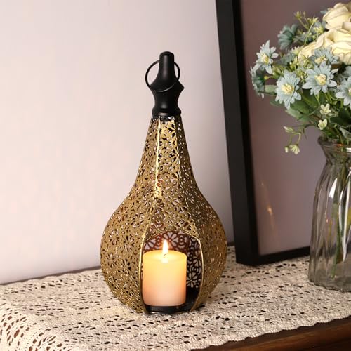 11.6in Moroccan Style Temple Lantern Ramadan Lamp Hanging Metal Candle Holders Decorative Festival Outdoor Patio or Porch Indoor Home Decor Gift Gold - color: Gold Temple