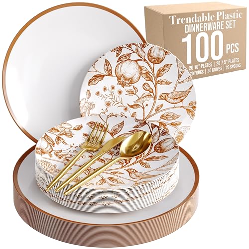 Trendables Fancy Plastic Dinnerware Sets 100 Pc Set 20 Guests Gold Silverware Disposable 20 X 10 Inch Charger Plates 20 X 8 Inch Dessert Plates 20 x Gold Plastic Forks and Spoons Knives In Pomegranate - color: Pomegranate