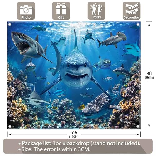 10x8ft Shark Theme Under the Sea Photography Backdrop | Underwater World, Kids Party Supplies, Aquarium Coral Reef Shallows Banner, Deep Ocean Photo Booth, Polyester, Grommets, 1PC - size: 10'x8'