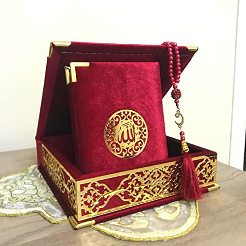 VOGUEHOMEDECOR Velvet Covered Quran and Pearl Tasbih in Wooden Decorative Box | Islamic Gift Set | Muslim Eid Ramadan Gift (Claret Red) - color: Claret Red