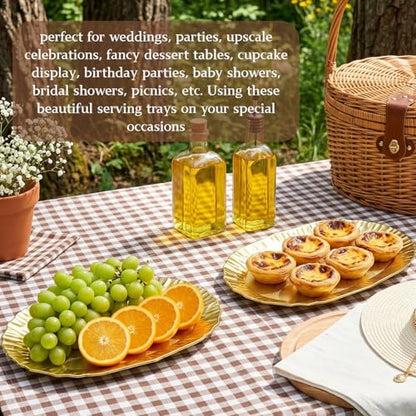 AVLA 6 Pack Plastic Serving Tray, Gold Serving Platter Set, Reusable Party Snack Serving Tray, Decorative Food Appetizer Platters for Dessert Table, Cupcake, Charcuterie, Cookies, 14" x 8.5"