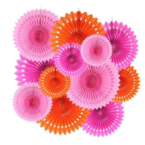 ZOOYOO Hanging Paper Fans Party Decorations,12 Pcs Pink Orange Honeycomb Round Fans,Ceiling Decor for Birthday,Wedding,Graduations,Fall Tea Party Backdrop - color: Pink and Orange