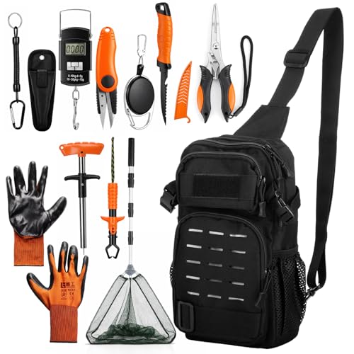 Fishing Gear Tool Kit, Fishing Backpack, Black Tackle Bag with Telescopic Net, Orange Tools Gripper Pliers Knife and Digital Scale, Fish Gifts Men Women