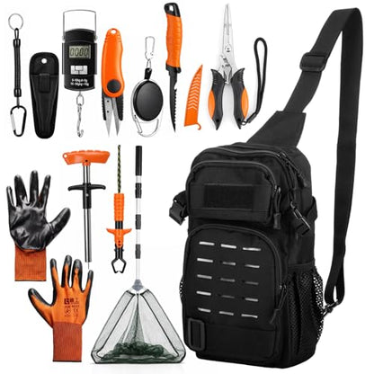 Fishing Gear Tool Kit, Fishing Backpack, Black Tackle Bag with Telescopic Net, Orange Tools Gripper Pliers Knife and Digital Scale, Fish Gifts Men Women
