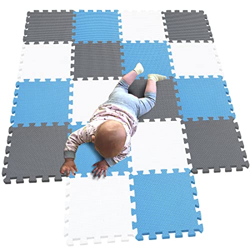 MQIAOHAM® 18 Pieces Puzzle Play Mats, Soft Baby Play Mat, Kids Interlocking Foam Floor Tiles, Toddlers Carpet Playmats G301018-101107112 - color: White Blue Grey