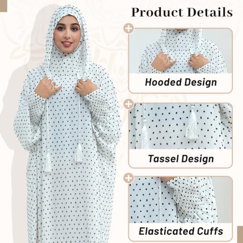 Polka Dot Abaya| Hooded Abaya for Muslim Women| 1pc Hoody Dress| Maxi Dress - color: White, size: Size 1