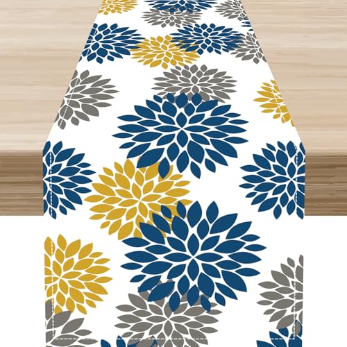 Blue Yellow Grey Table Runner, Geometric Floral Dahlia Vibrant Boho Rustic Spring Modern Art Farmhouse Kitchen Dining Table Decor for Home Party Supplies Indoor Outdoor 13x36 inch - color: Dahlia-7, size: 13x36" Table Runner
