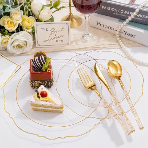 Liacere 150PCS Clear Gold Plastic Plates - Disposable Plastic Silverware with Glitter Bamboo Handle Cutlery-Baroque Clear Gold Disposable Plates for Wedding & Party & Mother's Day - color: Gold, size: Baroque Style
