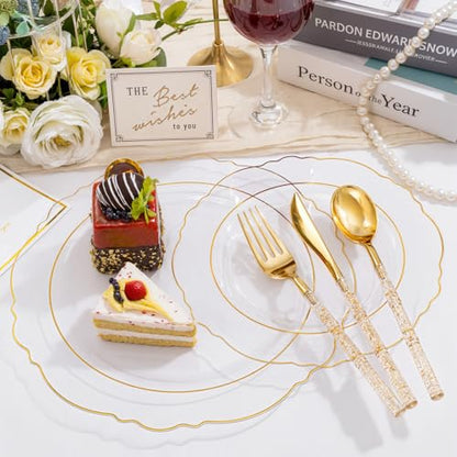 Liacere 150PCS Clear Gold Plastic Plates - Disposable Plastic Silverware with Glitter Bamboo Handle Cutlery-Baroque Clear Gold Disposable Plates for Wedding & Party & Mother's Day - color: Gold, size: Baroque Style