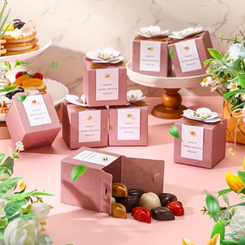 Affrolling 50 Pcs Wedding Favor Boxes with Thanks Card Square Flower Candy Boxes Paper Bridal Gift Box for Guests Wedding Bridal Shower Birthday Party Anniversary (Pink) - color: Pink