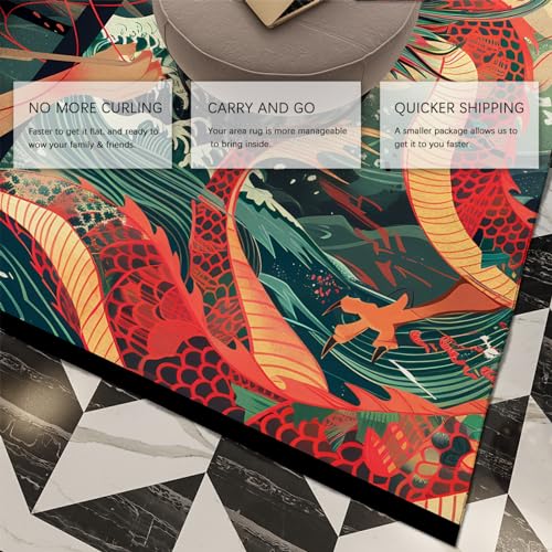 Ukiyo Style Area Rug Jackson Waves Area Rug for Home Decor Oriental Dragon and Girl Carpet for Living Room Bedroom Non Slip Rug Washable 5'2" x 7'2" - size: 5'2" x 7'2"