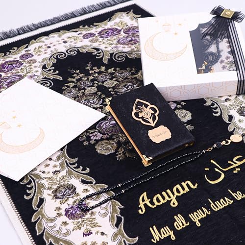 IEF Personalized Prayer Rug Prayer Beads Quran Islamic Gift Set, Ramadan Eid Hajj Umrah Wedding Birthday Mother's Day Father's Day Valentine's Day Gifts (Black) - color: Black