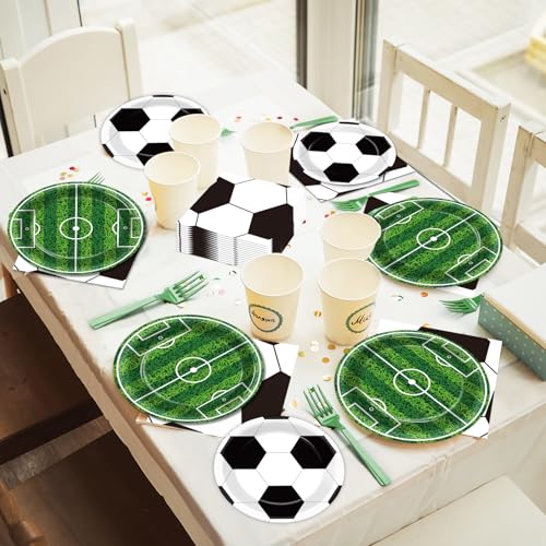 Qyeahkj 100 Pcs Soccer Party Plates and Napkins Set, Sports Birthday Party Supplies, Soccer Ball Disposable Paper Dessert Cake Dinnerware Tableware, Serves 25 - style: Soccer