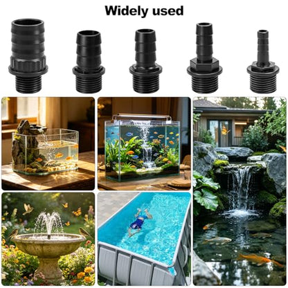 Hose Barb Fitting Set for Submersible Pump, 5PCS G1/2" Male Thread to 5/16" 1/2" 5/8" 3/4" 1" Barb Adapter Kit, PP Plastic Pump Outlet Connector for Pond Fountain Aquarium Hydroponics Water Feature